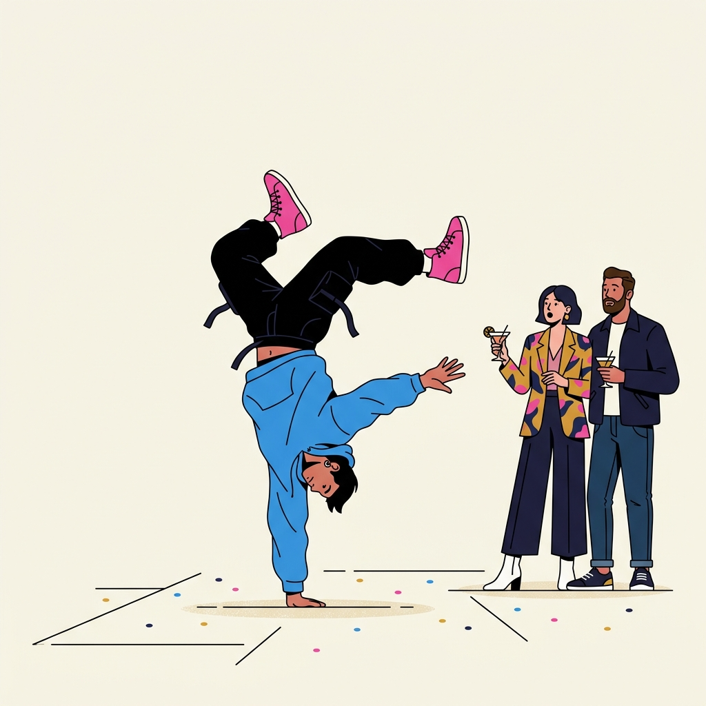 Minimal editorial illustration of a person on a balance board looking upward with a relaxed expression