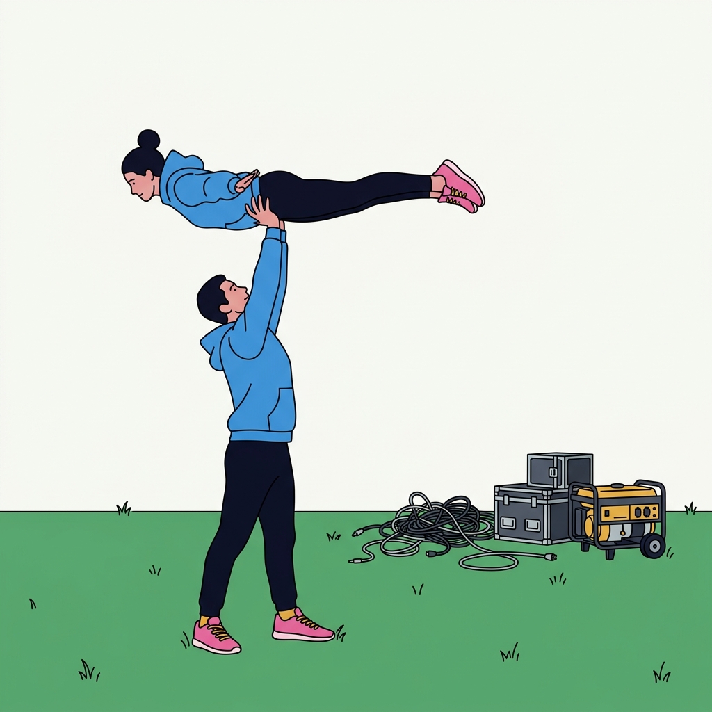 Contemporary illustration of two acrobats performing freely on grass while tangled cables and equipment sit unused nearby