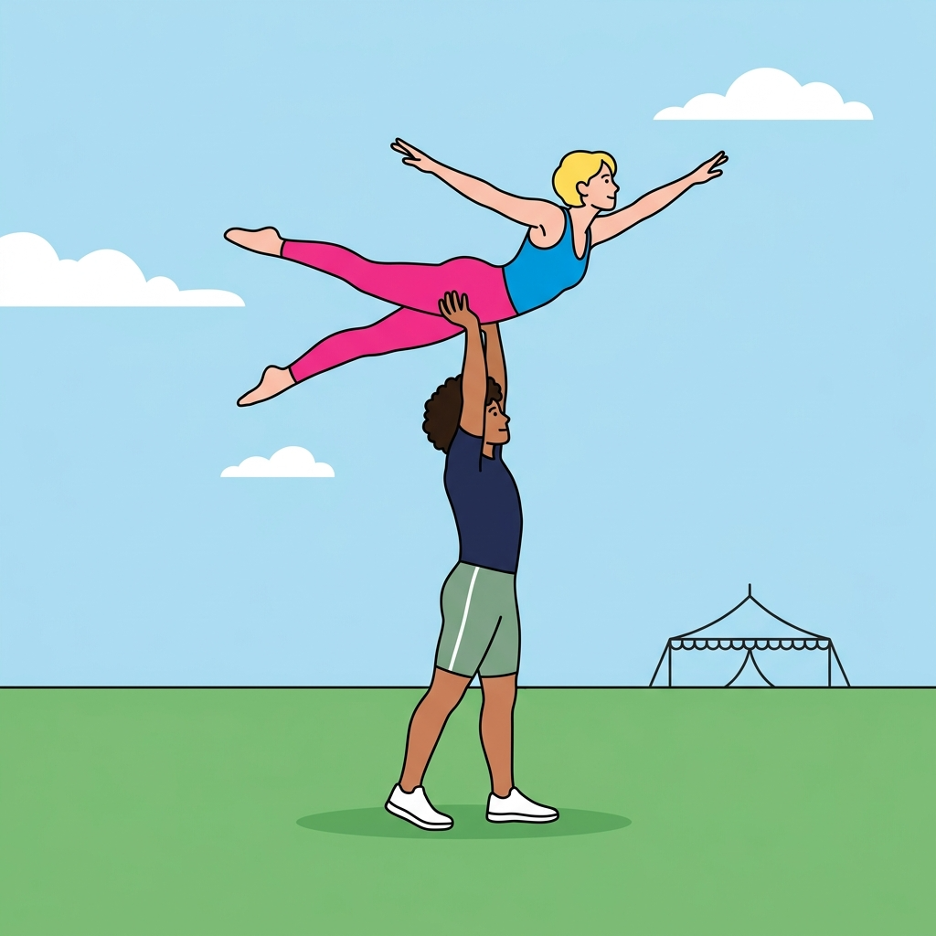 Illustration of a contemporary acrobatic duo performing a dramatic flying pose on a green lawn with a marquee in the distance