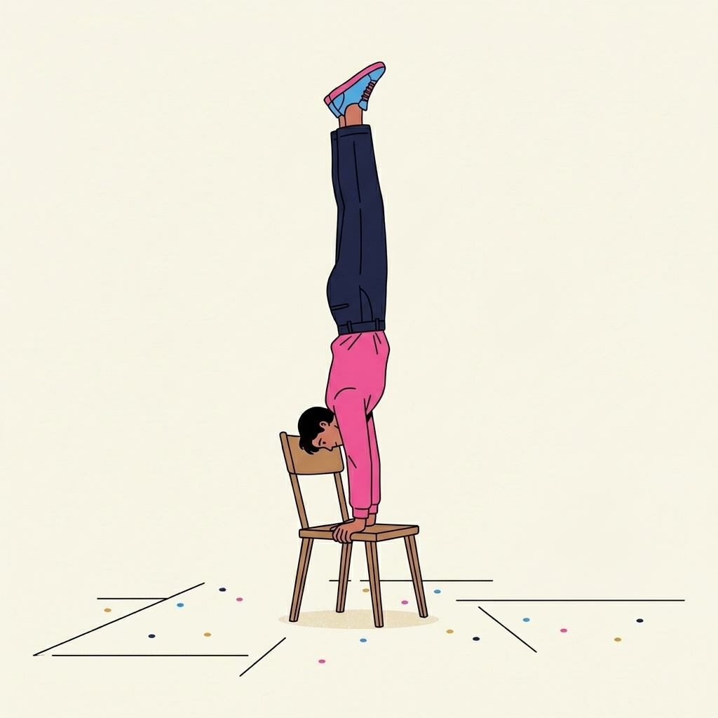 Minimal editorial illustration of a performer doing a one-arm handstand on a found-object set piece