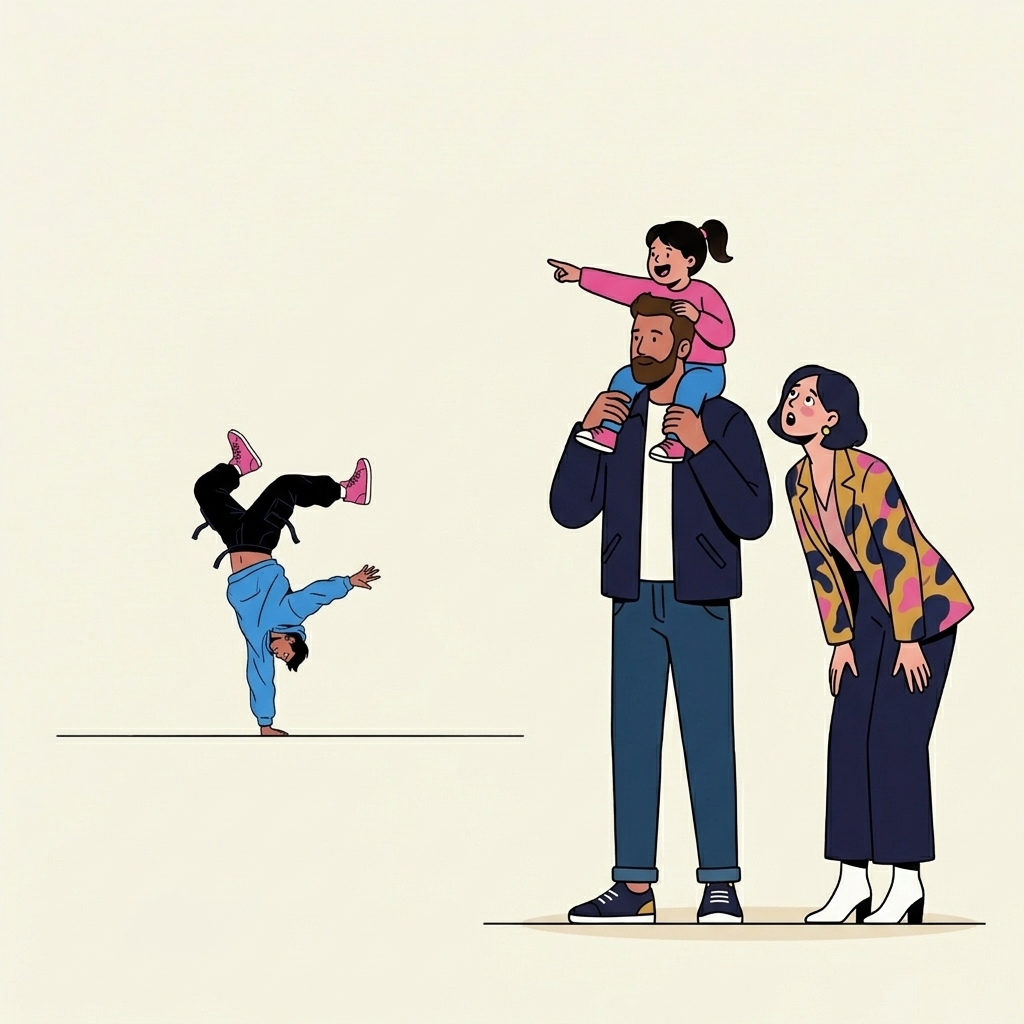 Minimal editorial illustration of a family watching a circus performer, adults and children equally mesmerised