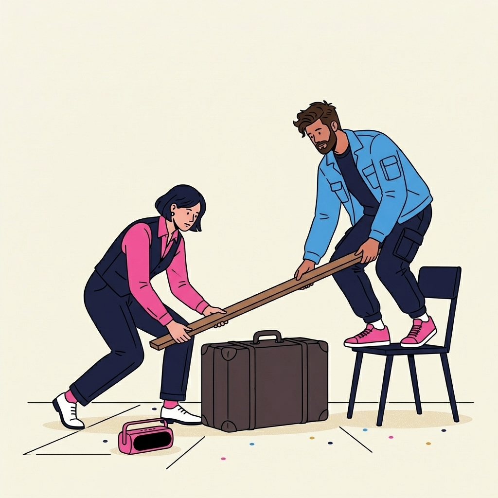 Minimal editorial illustration of two performers with a set made of found objects, a battery-powered speaker beside them