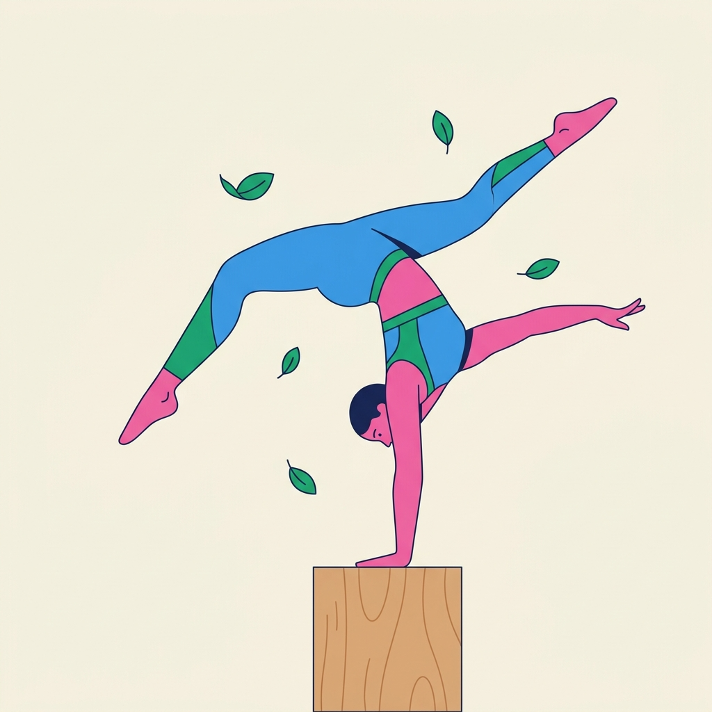 Illustration of a contemporary dancer in a gravity-defying handstand on a wooden block with floating leaves