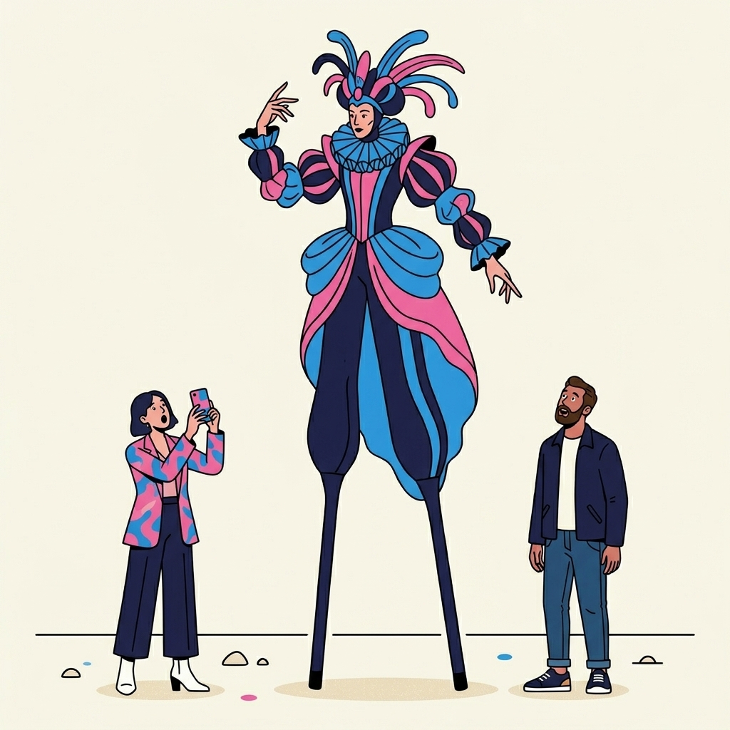 Minimal editorial illustration of a stilt walker in a colourful costume towering over impressed onlookers
