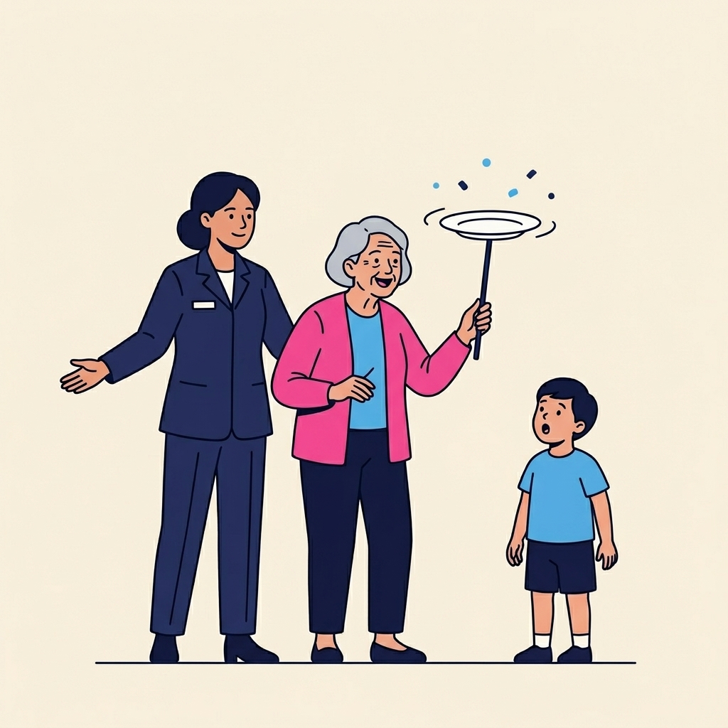 Contemporary illustration of a community centre hall with diverse groups of people learning circus skills, chairs stacked in the corner